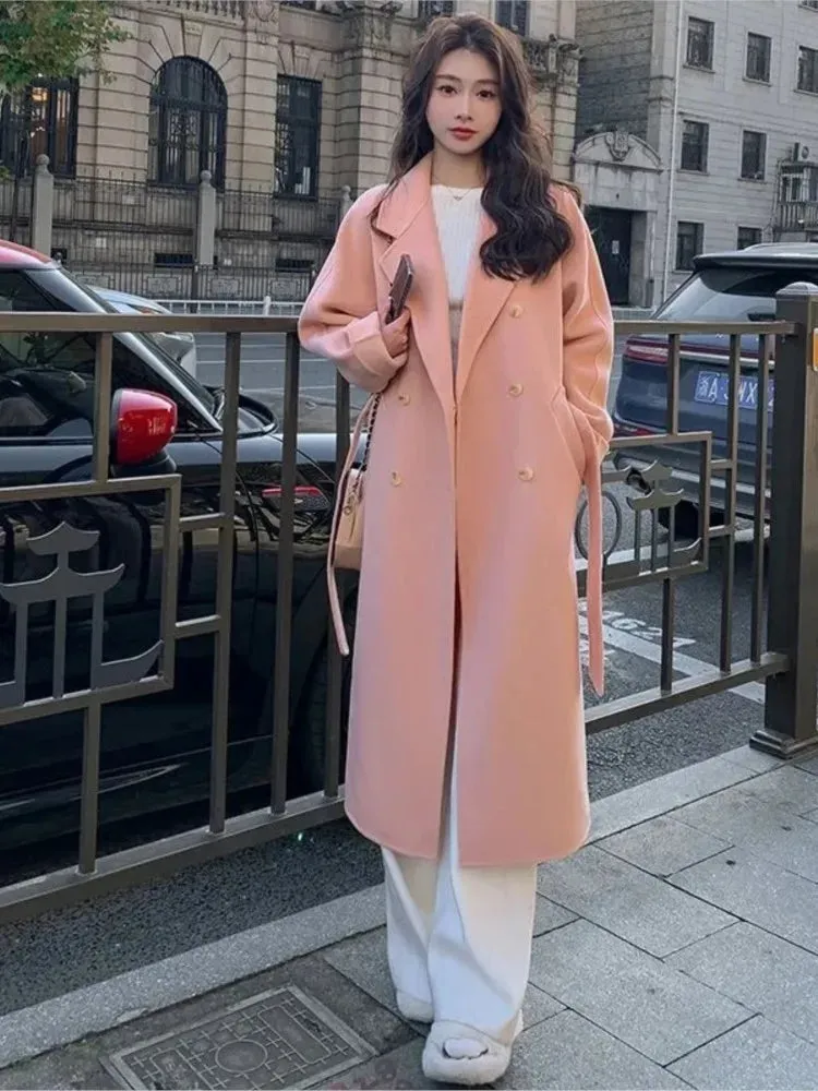 Solid Lace Up Long Woolen Coat for Women Korean Loose Fashion Double Breasted Lapel Collar Female Autumn Winter Overcoats New