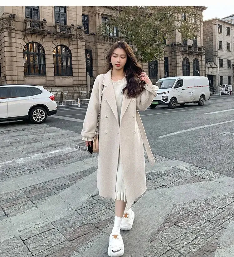 Solid Lace Up Long Woolen Coat for Women Korean Loose Fashion Double Breasted Lapel Collar Female Autumn Winter Overcoats New