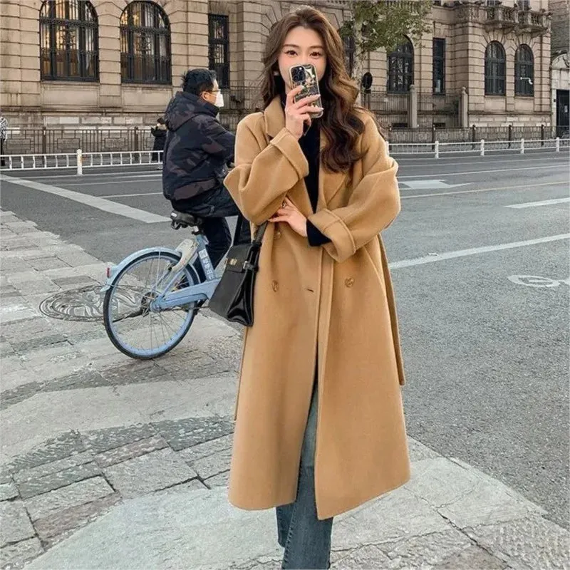 Solid Lace Up Long Woolen Coat for Women Korean Loose Fashion Double Breasted Lapel Collar Female Autumn Winter Overcoats New
