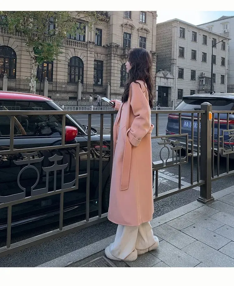 Solid Lace Up Long Woolen Coat for Women Korean Loose Fashion Double Breasted Lapel Collar Female Autumn Winter Overcoats New