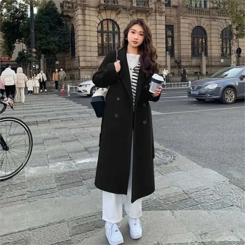 Solid Lace Up Long Woolen Coat for Women Korean Loose Fashion Double Breasted Lapel Collar Female Autumn Winter Overcoats New