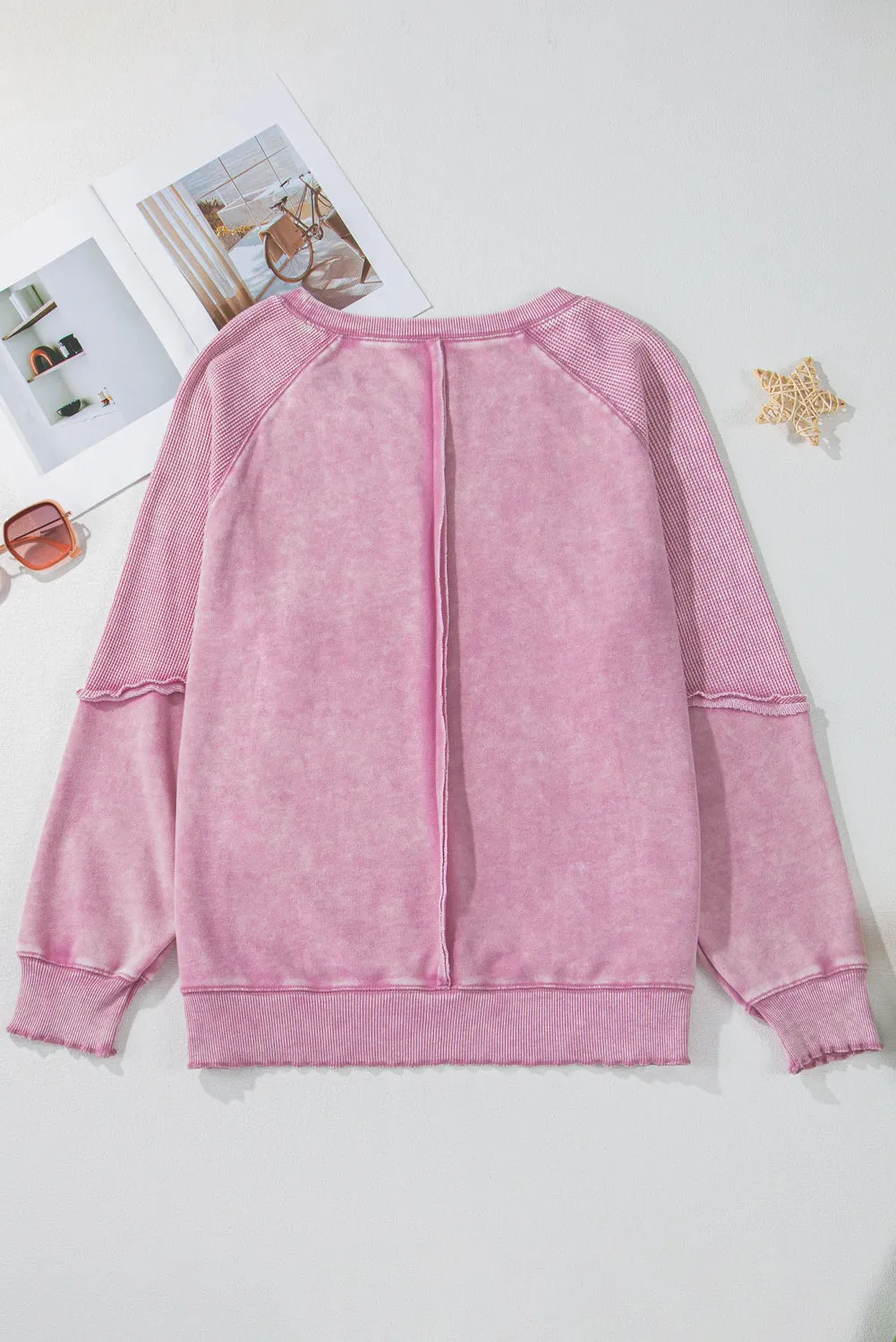 Solid Waffle Knit Raglan Sleeve Sweatshirt