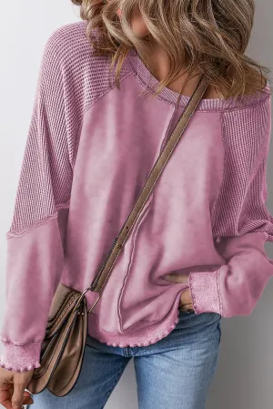 Solid Waffle Knit Raglan Sleeve Sweatshirt