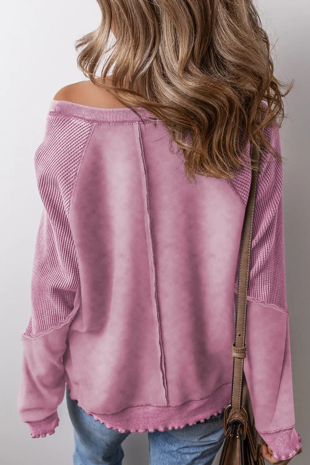 Solid Waffle Knit Raglan Sleeve Sweatshirt