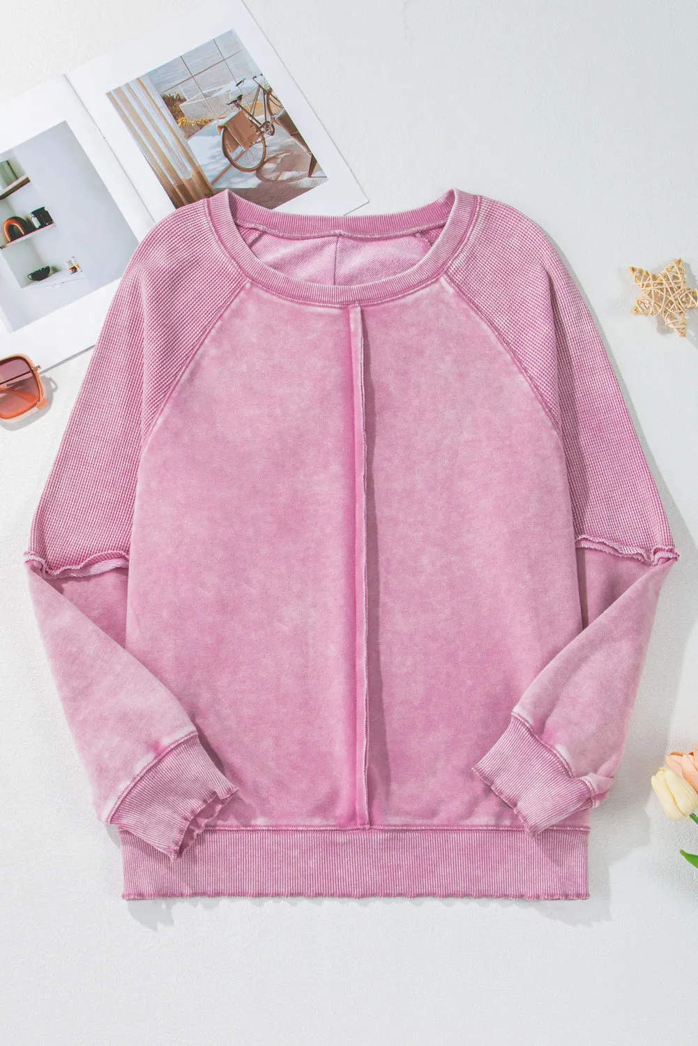Solid Waffle Knit Raglan Sleeve Sweatshirt