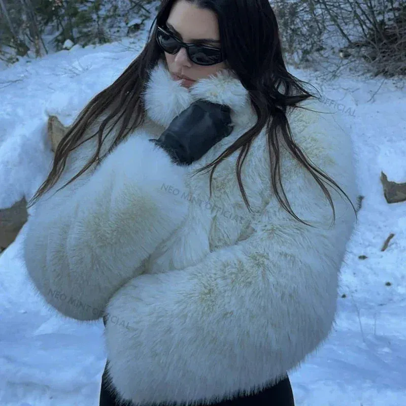 Streetwear Brand White Women Fur Fluffy Fox Hassle-free delivery Kendall Iconic Warm Fashion Jenner Fur Jacket Winter Faux Snow Unique appearance Girls Coat