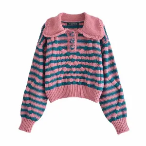 Striped Long Sleeve Cable Knit Chunky Sweater