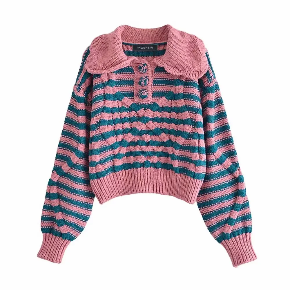 Striped Long Sleeve Cable Knit Chunky Sweater