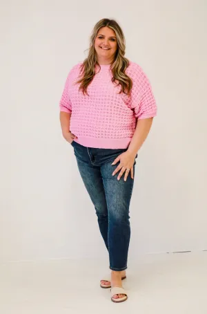 Summer Weave Short-Sleeve Crochet Sweater in Pink