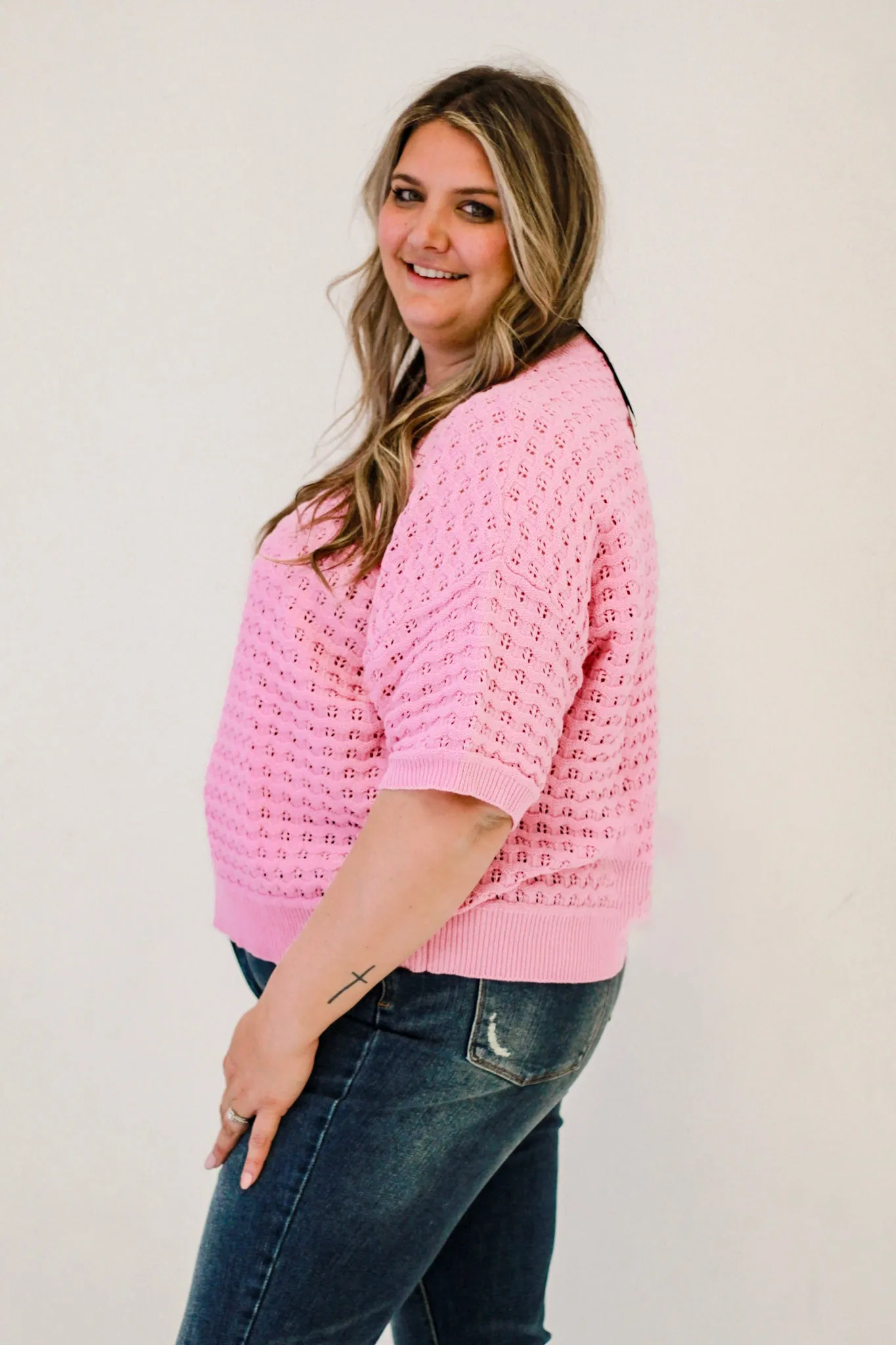Summer Weave Short-Sleeve Crochet Sweater in Pink