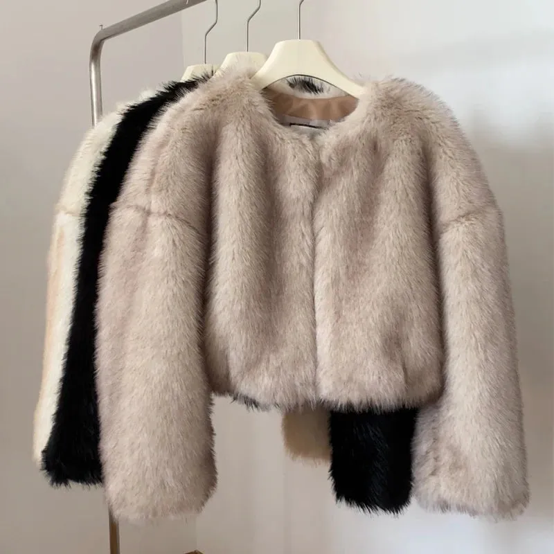 Thick Cost-efficient Overcoats Chic Winter Coat Fashion Jacket Fur Warm Raccoon Blogger Girls Cropped Fluffy Fox  Trendy Reduced Women Faux Street