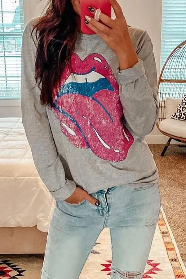 Tongue Printed Long Sleeve Sweatshirt