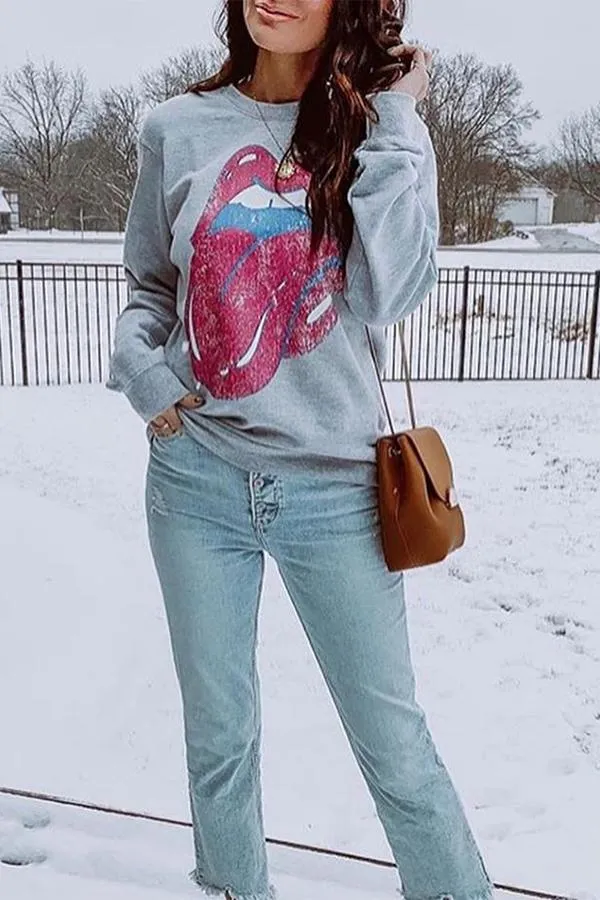 Tongue Printed Long Sleeve Sweatshirt