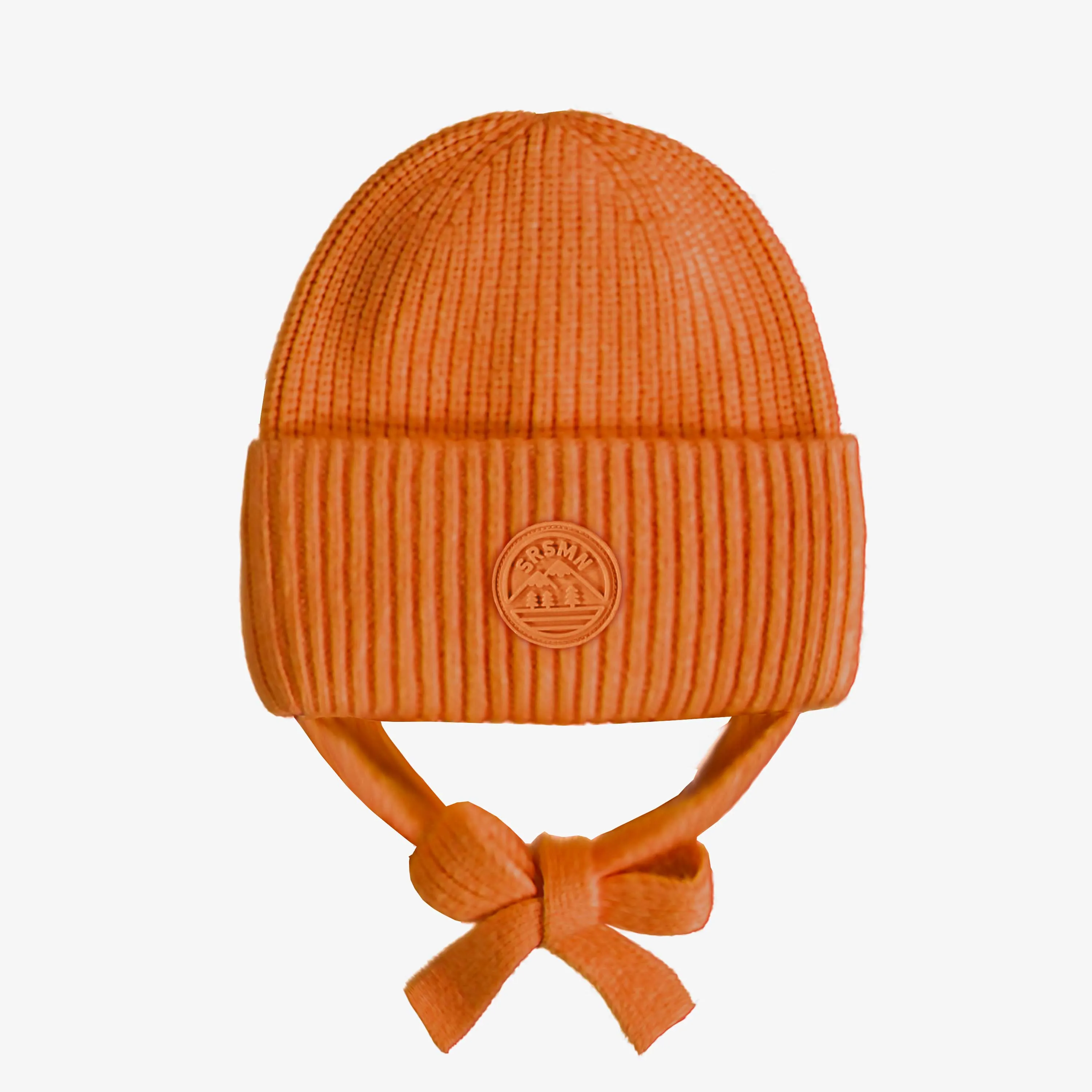 Tuque en tricot orange avec cordon, bébé || Orange knit toque with cords, baby