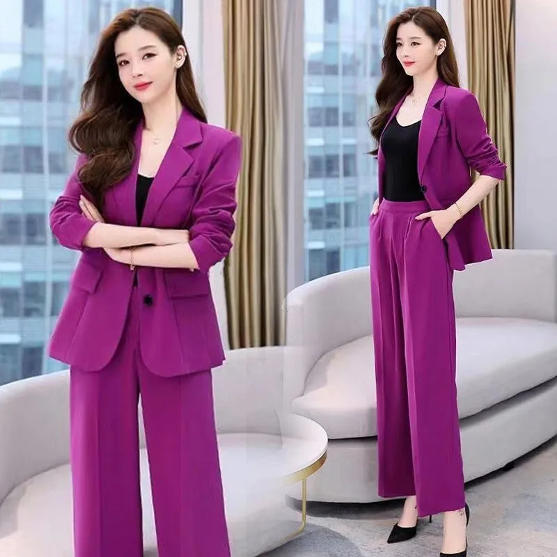 Two-piece Elegant Women's Office Suit Single Breasted Pocket Elegant Blazer Jacket & Trousers