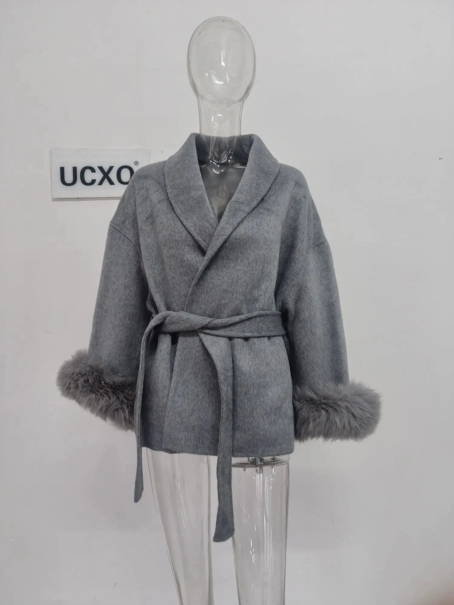 UCXQ Elegant OL Office Lady Overcoats Fur Patchwork Long Sleeve Woolen Coat Beautiful Women's Clothing Jacket Autumn 2025 Spring
