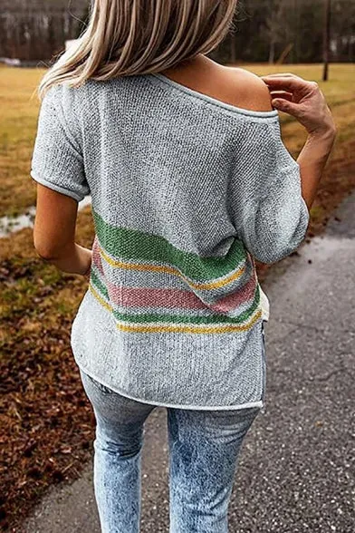 V-neck Contrast Stripe Knitted Beach Sweater Pullover