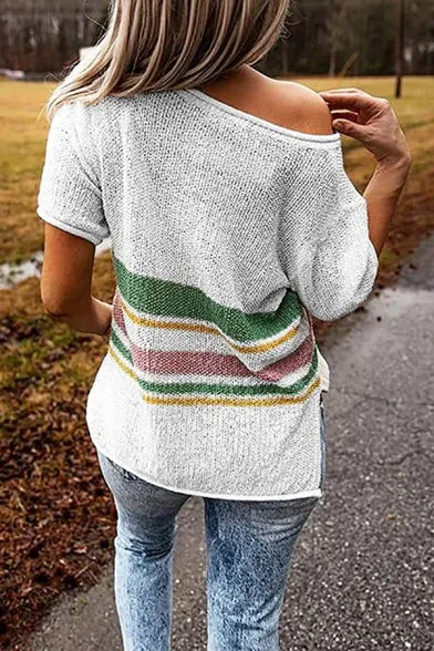 V-neck Contrast Stripe Knitted Beach Sweater Pullover