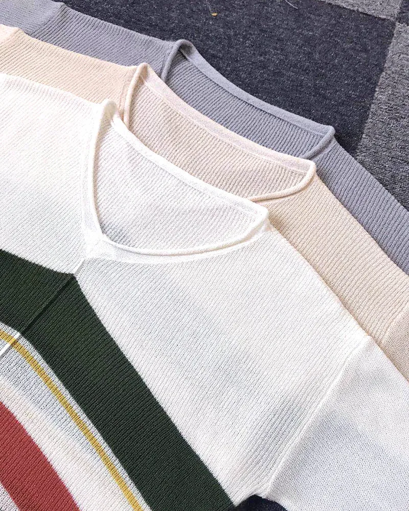 V-neck Contrast Stripe Knitted Beach Sweater Pullover