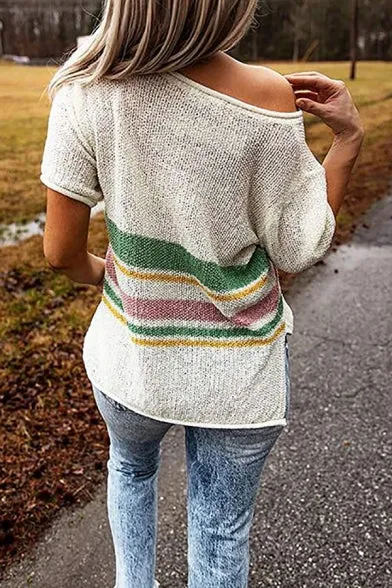 V-neck Contrast Stripe Knitted Beach Sweater Pullover