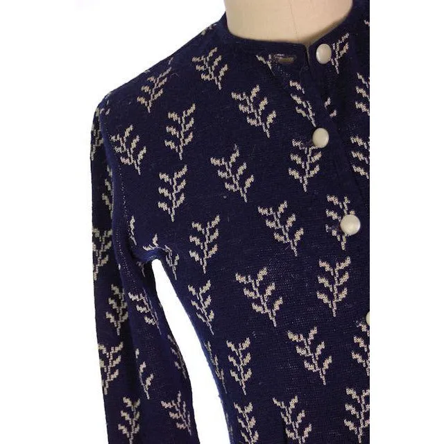 Vintage Cardigan Sweater Navy Wool Patterned Late 1940s Womens  M-L
