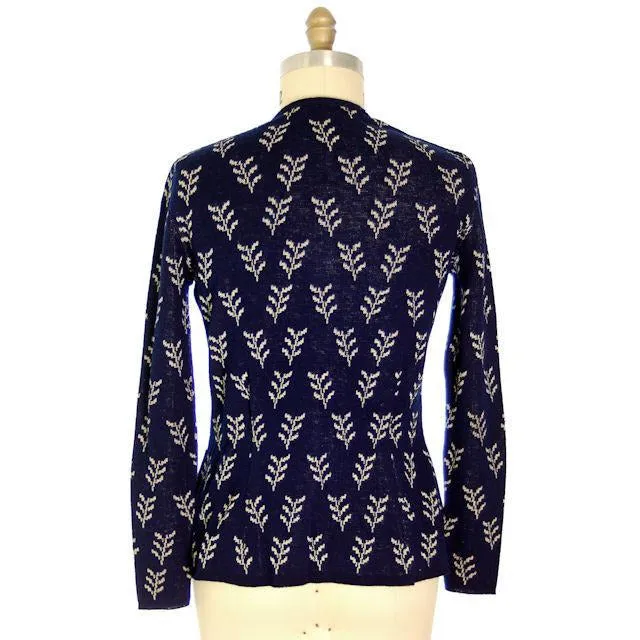 Vintage Cardigan Sweater Navy Wool Patterned Late 1940s Womens  M-L