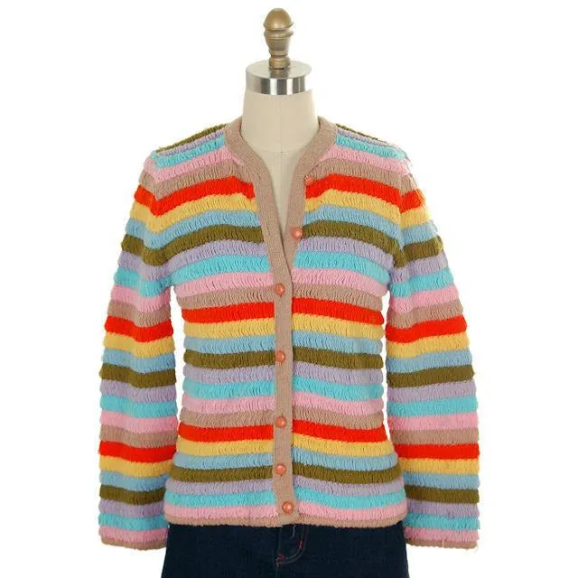 Vintage Cardigan Sweater Womens  Colorful Stripes Acrylic Unique Weave 1960s M