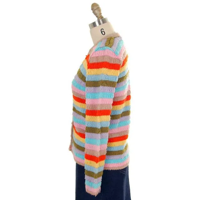 Vintage Cardigan Sweater Womens  Colorful Stripes Acrylic Unique Weave 1960s M