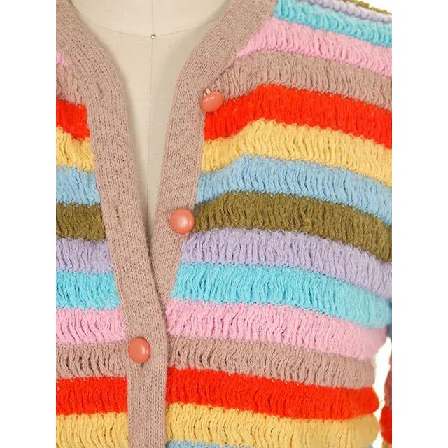 Vintage Cardigan Sweater Womens  Colorful Stripes Acrylic Unique Weave 1960s M