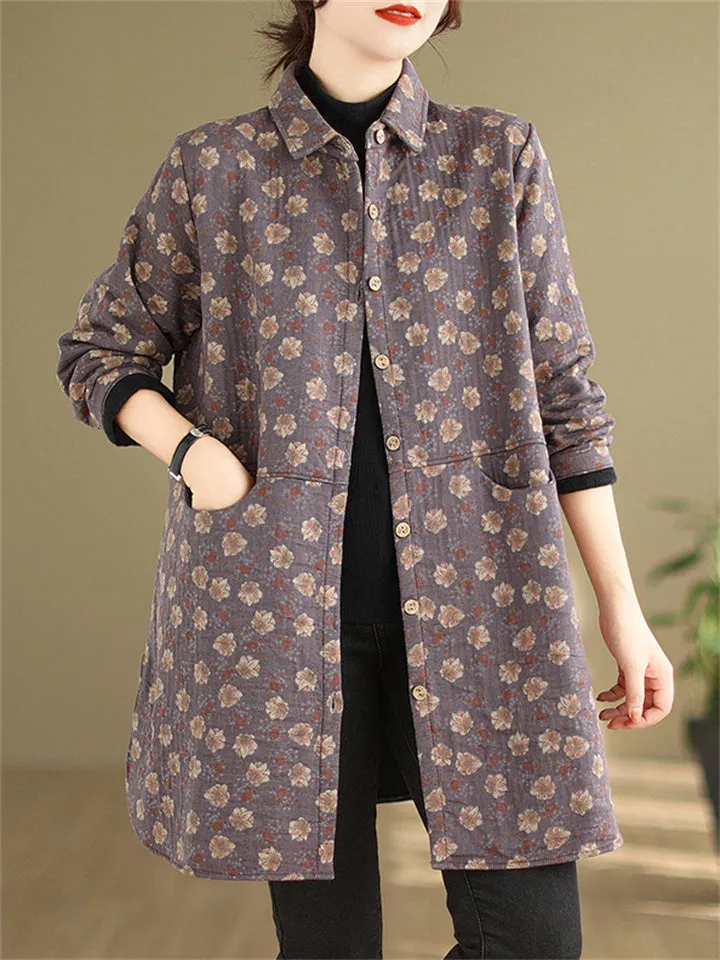 Vintage Floral Print Mid Length Cotton Coat for Women