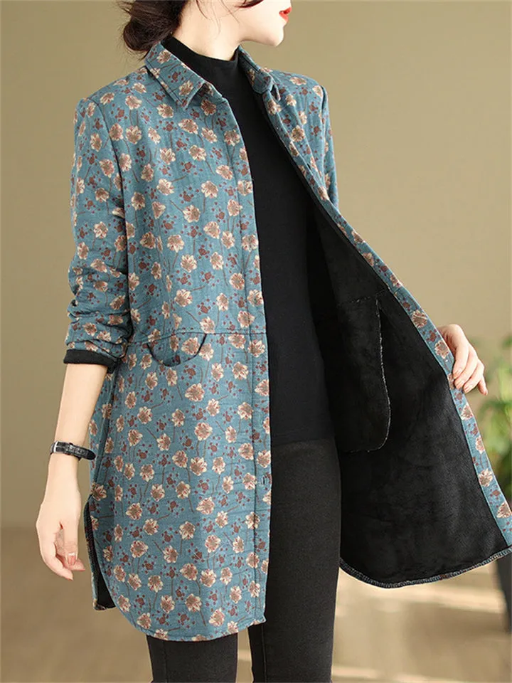 Vintage Floral Print Mid Length Cotton Coat for Women