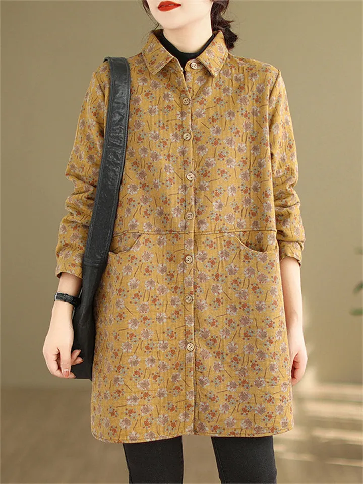 Vintage Floral Print Mid Length Cotton Coat for Women