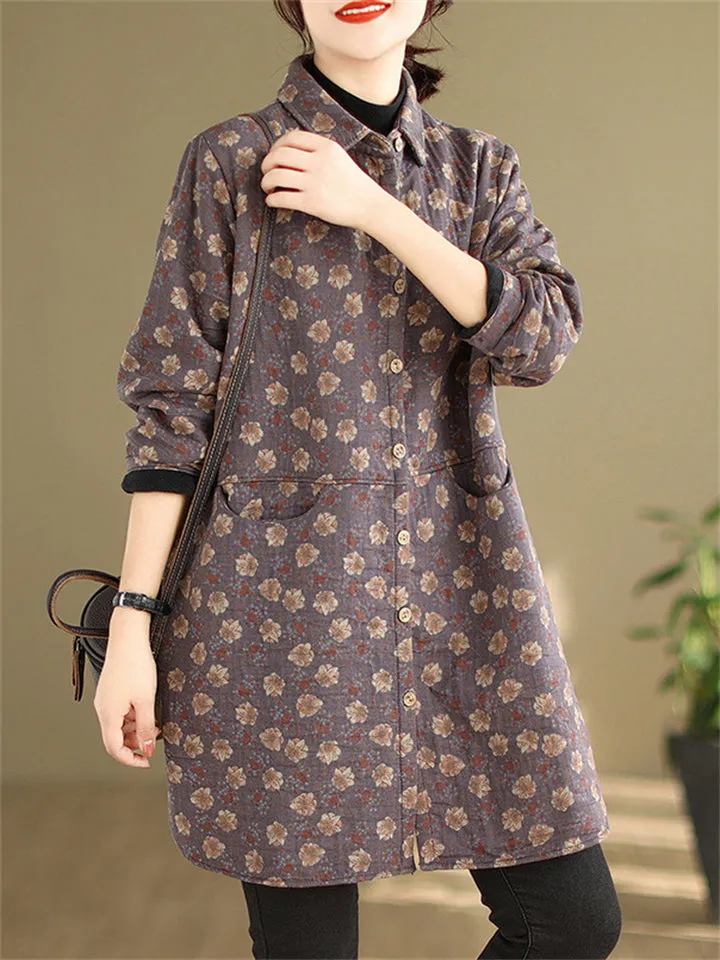 Vintage Floral Print Mid Length Cotton Coat for Women