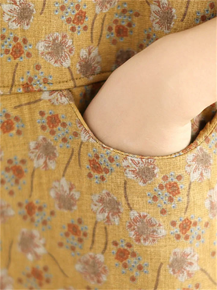 Vintage Floral Print Mid Length Cotton Coat for Women