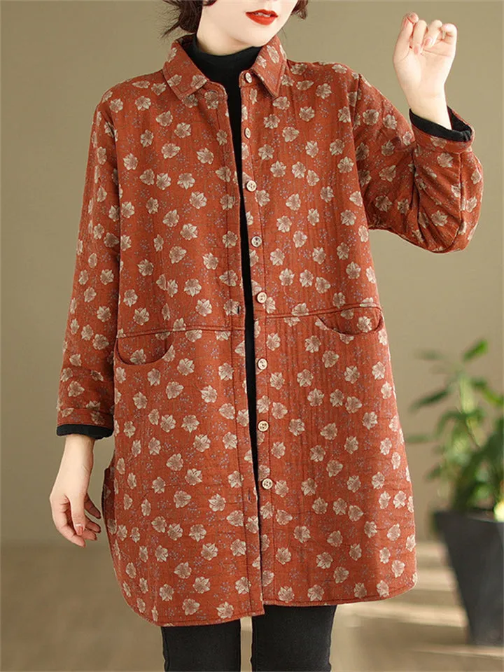 Vintage Floral Print Mid Length Cotton Coat for Women