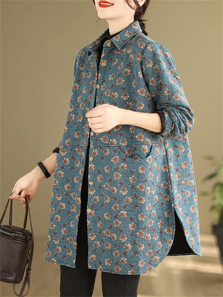 Vintage Floral Print Mid Length Cotton Coat for Women