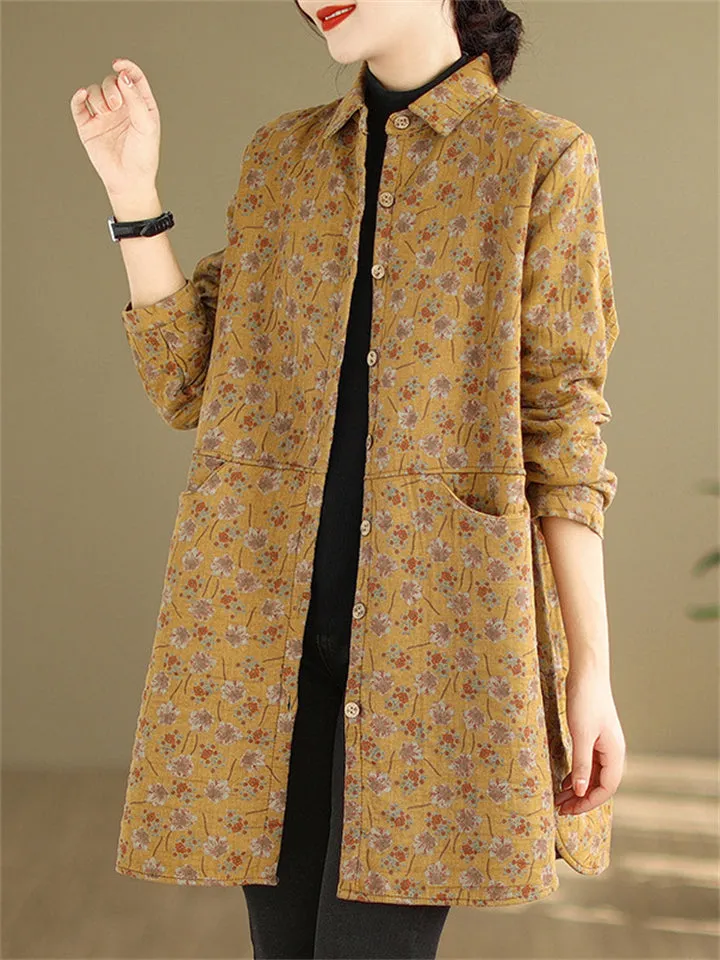 Vintage Floral Print Mid Length Cotton Coat for Women