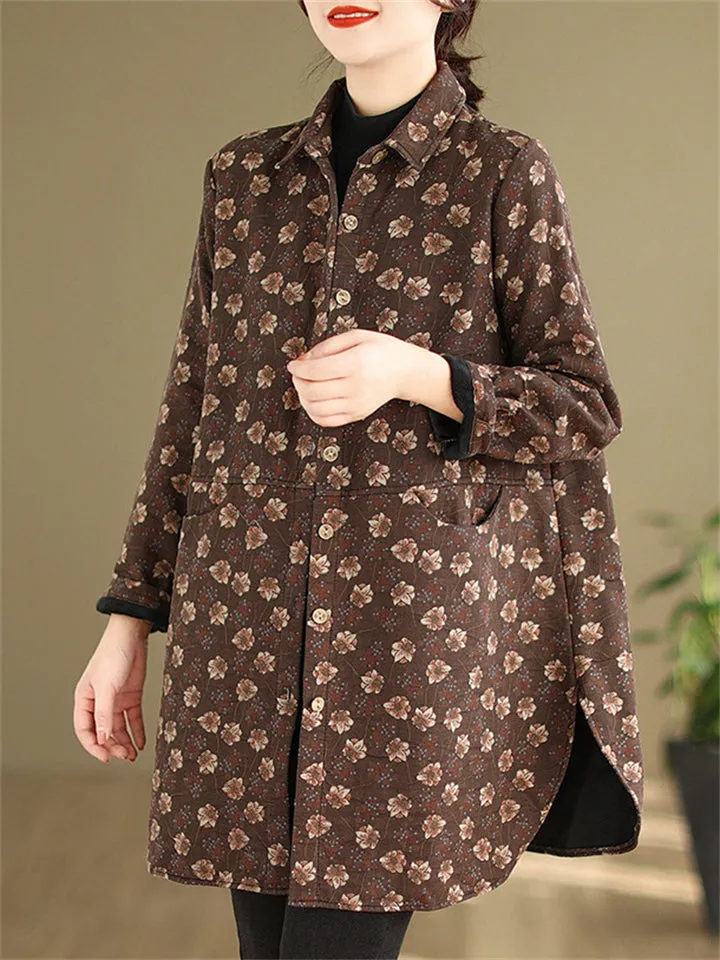 Vintage Floral Print Mid Length Cotton Coat for Women