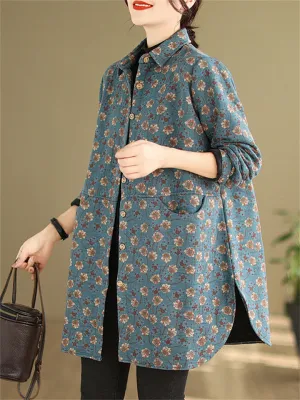 Vintage Floral Print Mid Length Cotton Coat for Women