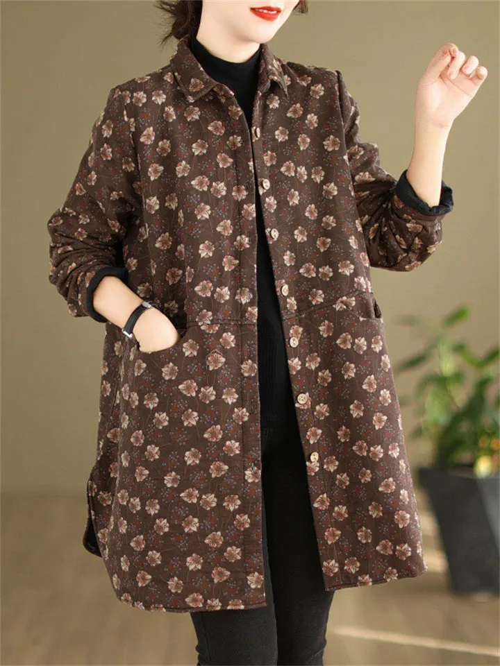 Vintage Floral Print Mid Length Cotton Coat for Women