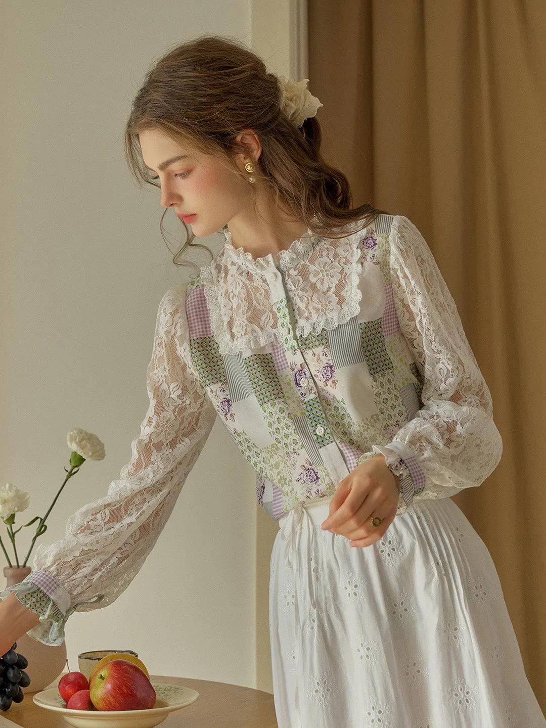 Vivienne Lace Collar Patchwork Blouse - Green