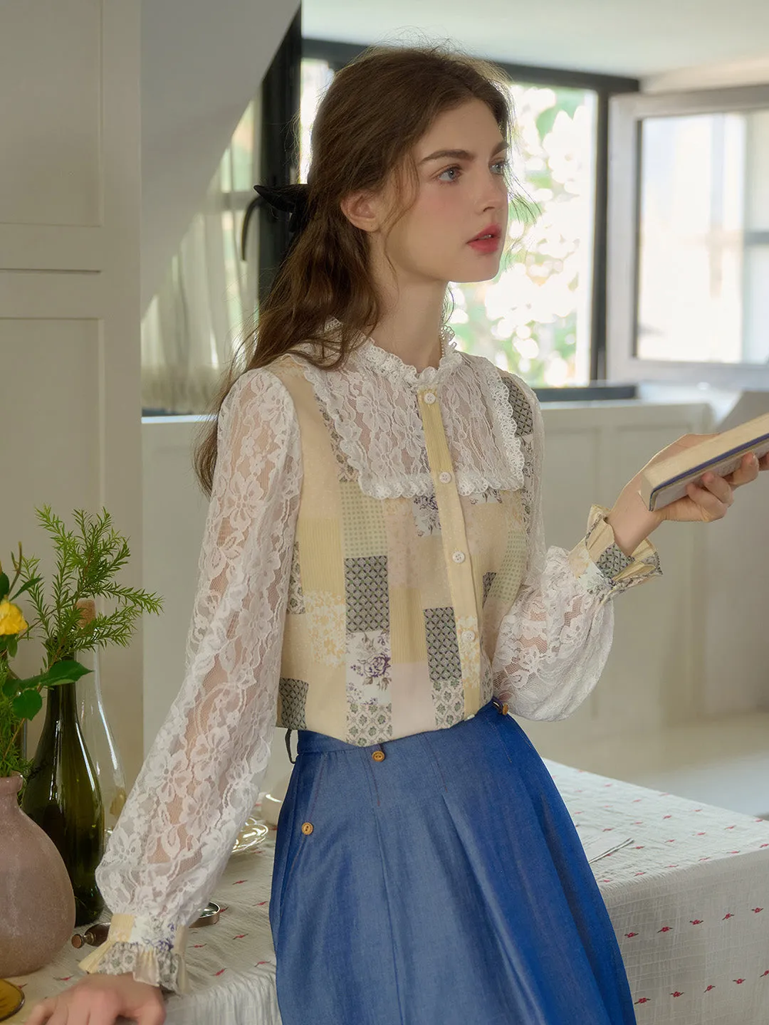 Vivienne Lace Collar Patchwork Blouse - Green