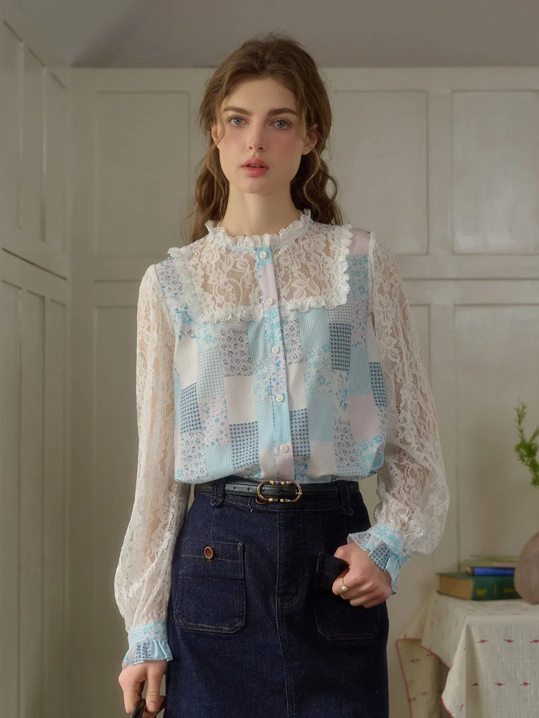 Vivienne Lace Collar Patchwork Blouse - Yellow
