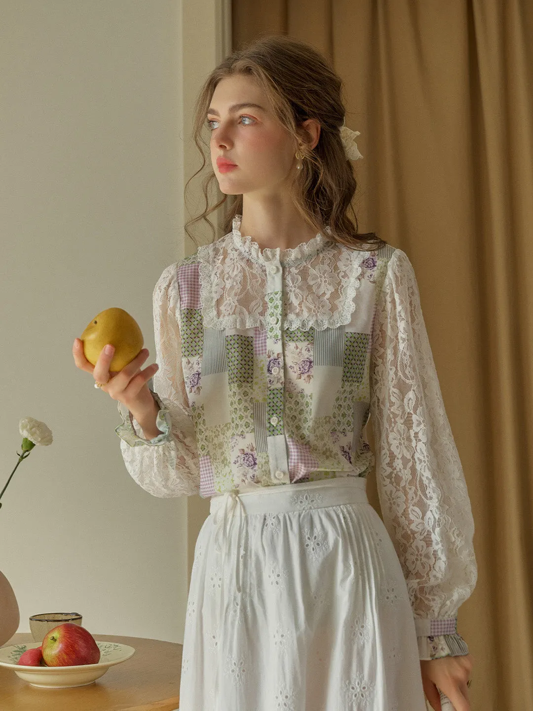 Vivienne Lace Collar Patchwork Blouse - Yellow