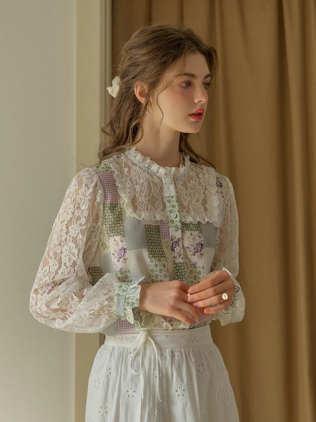 Vivienne Lace Collar Patchwork Blouse - Yellow