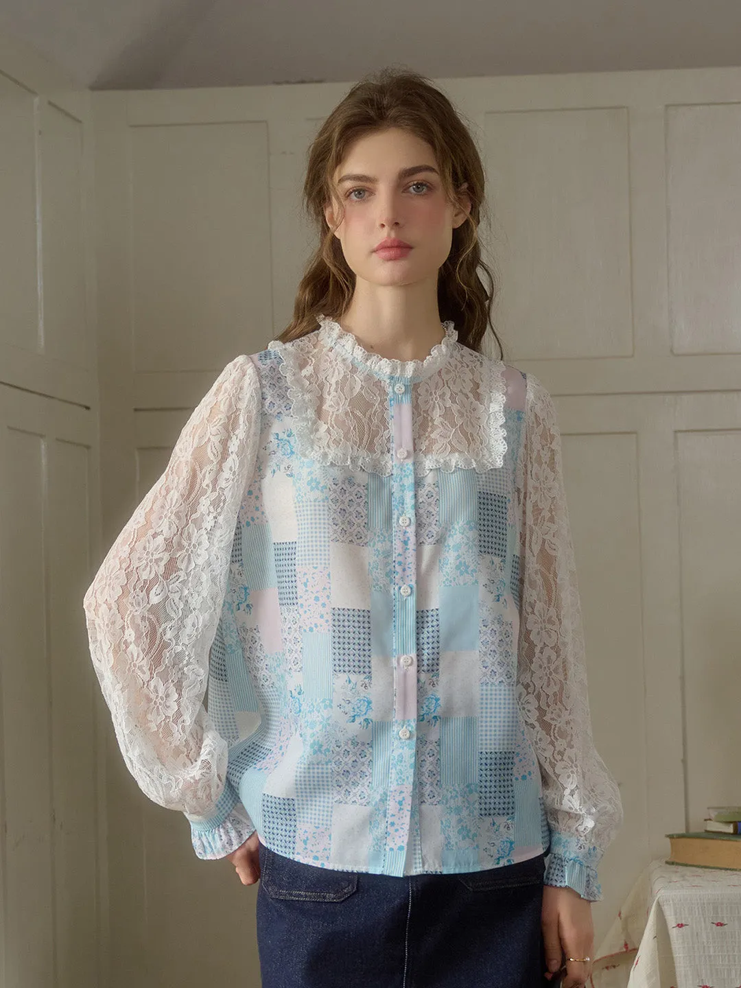 Vivienne Lace Collar Patchwork Blouse - Yellow