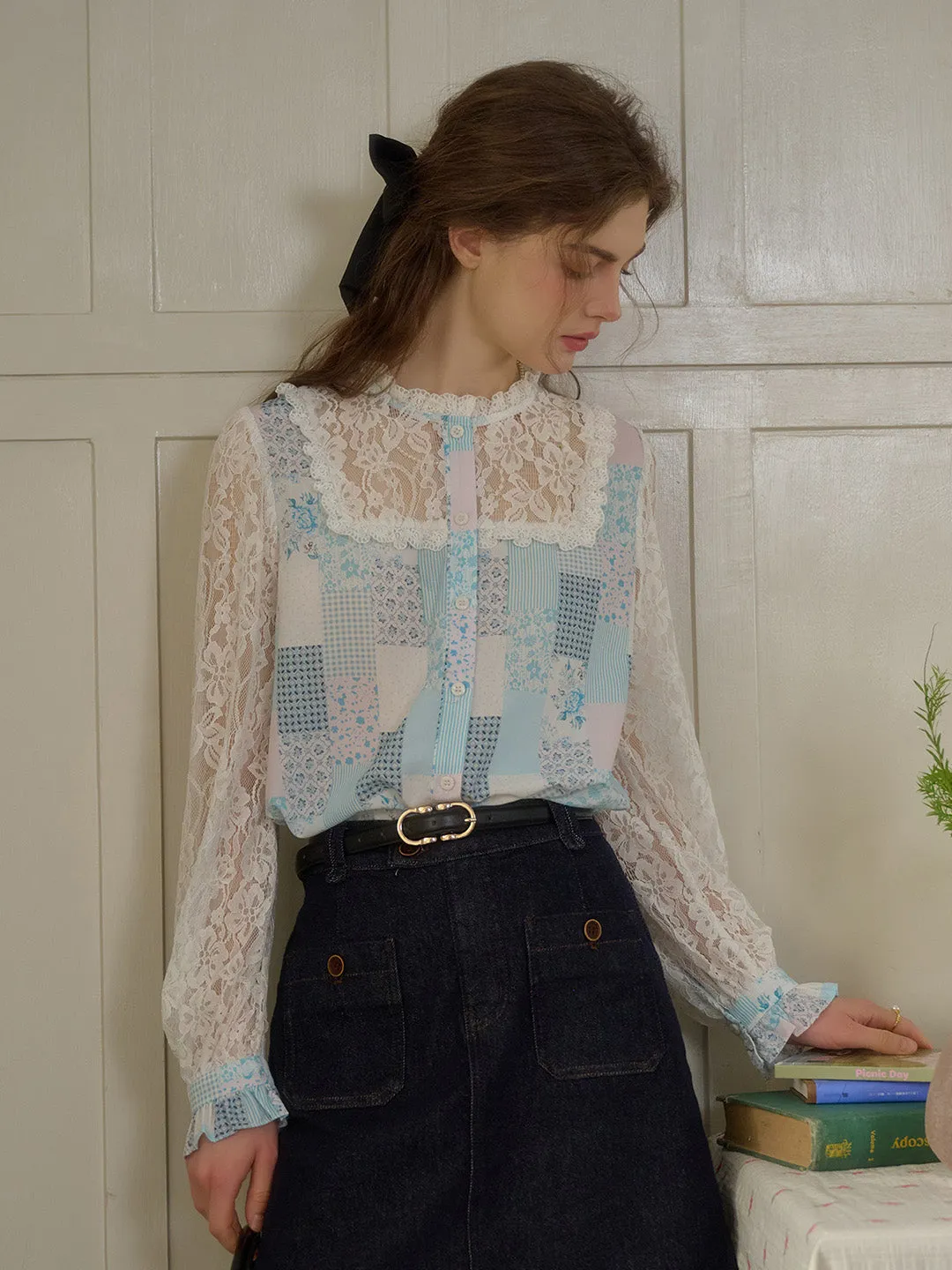 Vivienne Lace Collar Patchwork Blouse - Yellow