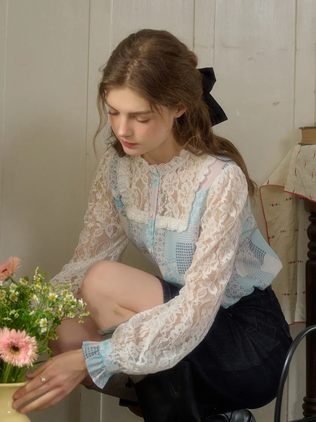 Vivienne Lace Collar Patchwork Blouse - Yellow