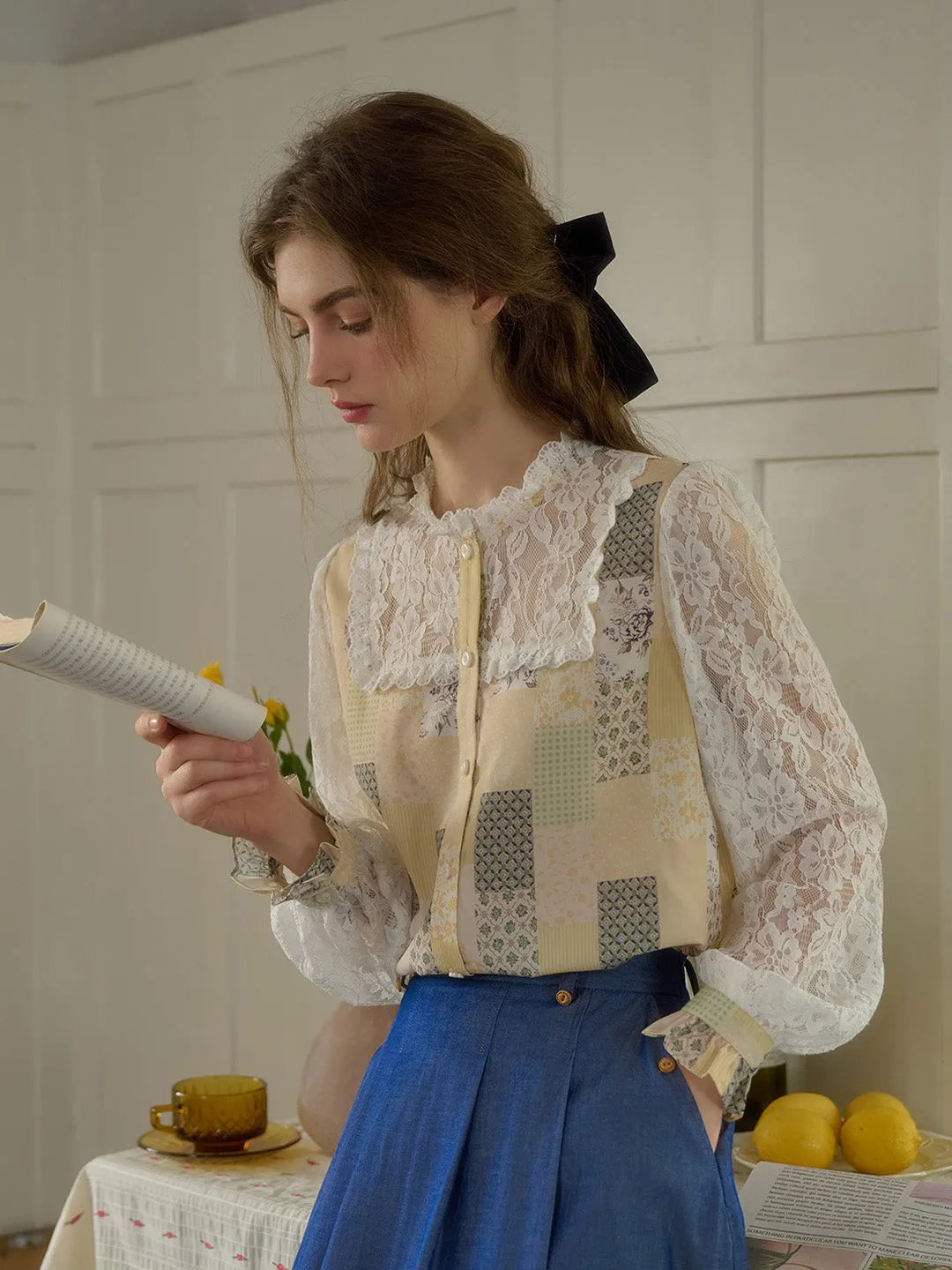 Vivienne Lace Collar Patchwork Blouse - Yellow