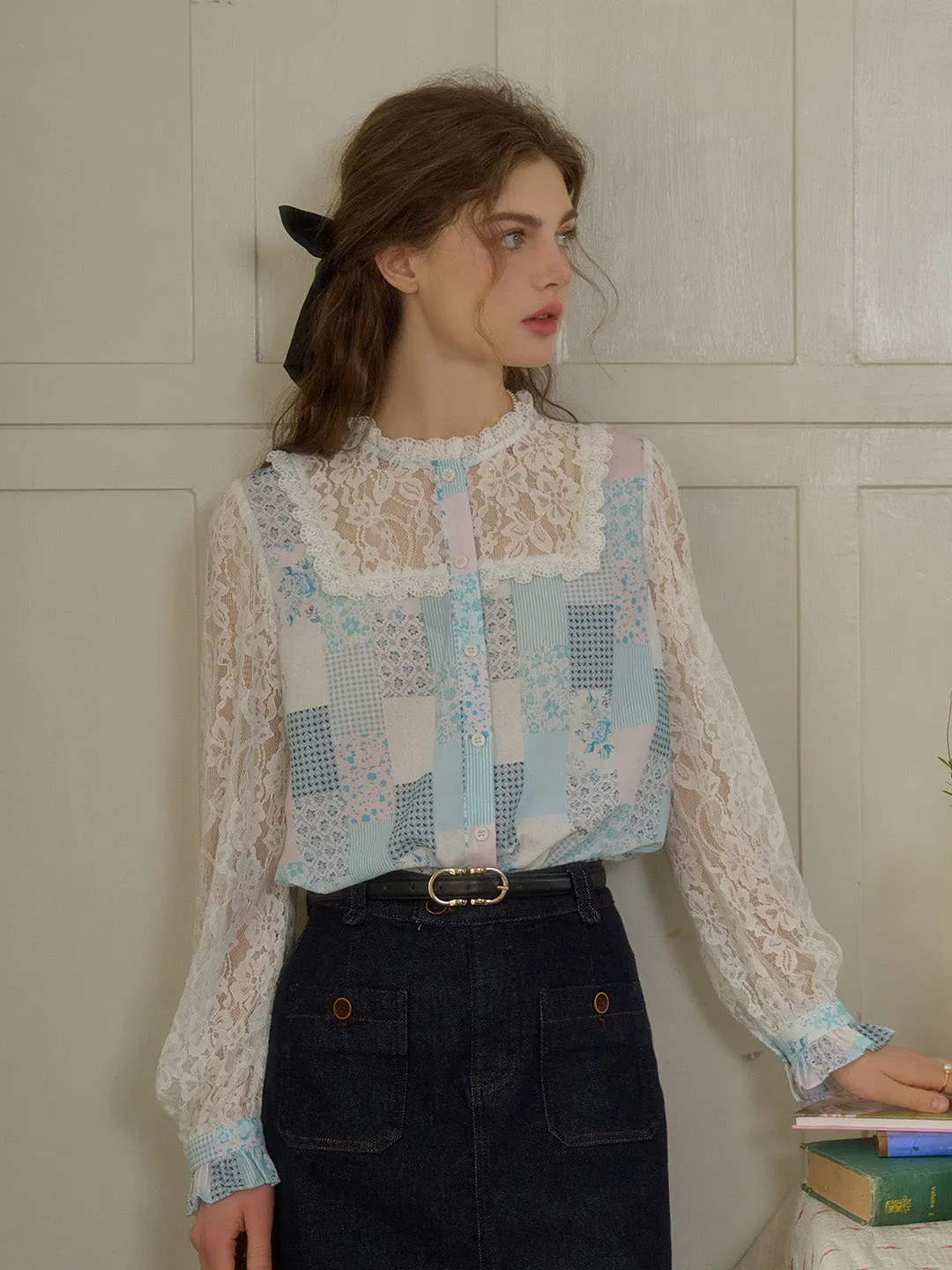 Vivienne Lace Collar Patchwork Blouse - Yellow